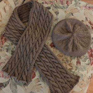 NEW! Handmade Café Latte Brown Cable Knit Scarf and Beret Set